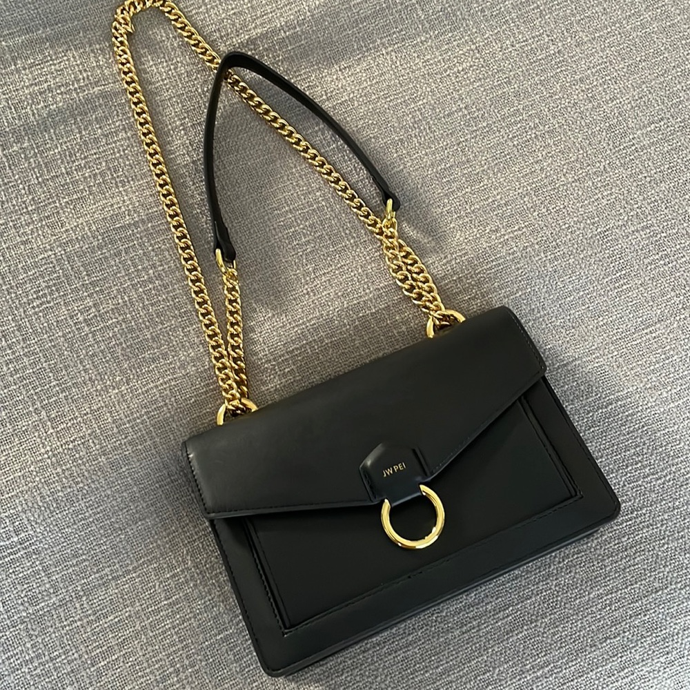 Black Leather Like Shoulder Bag with Gold Chain Strap